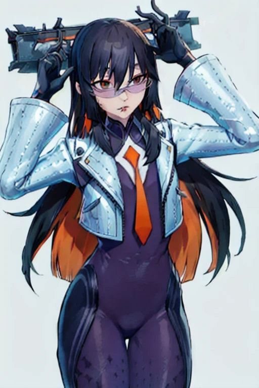 Daraku, Alone, 1girl, glasses, jacket, bodysuit, orange tie, long hair, gloves 