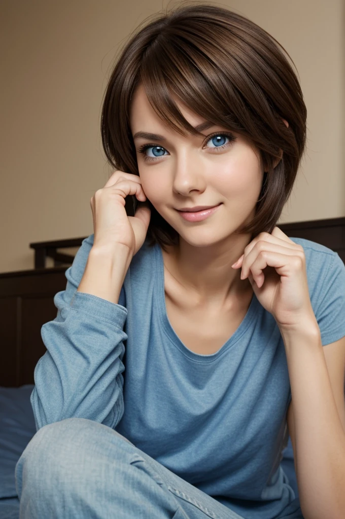 a slim and attractive girl, with short brown hair, blue eyes with a cold and serious expression, She is wearing casual clothes and is lying on her bed chatting on her cell phone and has an expression of great happiness and joy., anime style