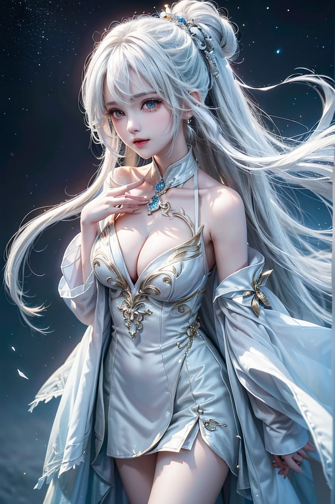 ((Image above the chest:1.5))((masterpiece:1.5、8K、Tabletop、フォトリアリスティックでVery detailedなCG、Very detailed、Particle Effects、Dynamic Effects、Shallow depth of field、Cinematic Light、Lens flare、Ray Tracing、Tabletop、Realistic:1.4、Ultra-high resolution:1.2、Realistic、Realistic))((alone、Woman in a dress:1.4、Elegant and y woman、Detailed face、bright表情、young, bright, Whiter skin、Medium chest、Beautiful cleeavage cus、Best Looks、Asiltimate beauty、bright and shiny hair,、Super long, Silky straight hair、Hair dancing in the wind))(spectacular night sky、White Knight、Amazing starry sky)((shiny white hair))
