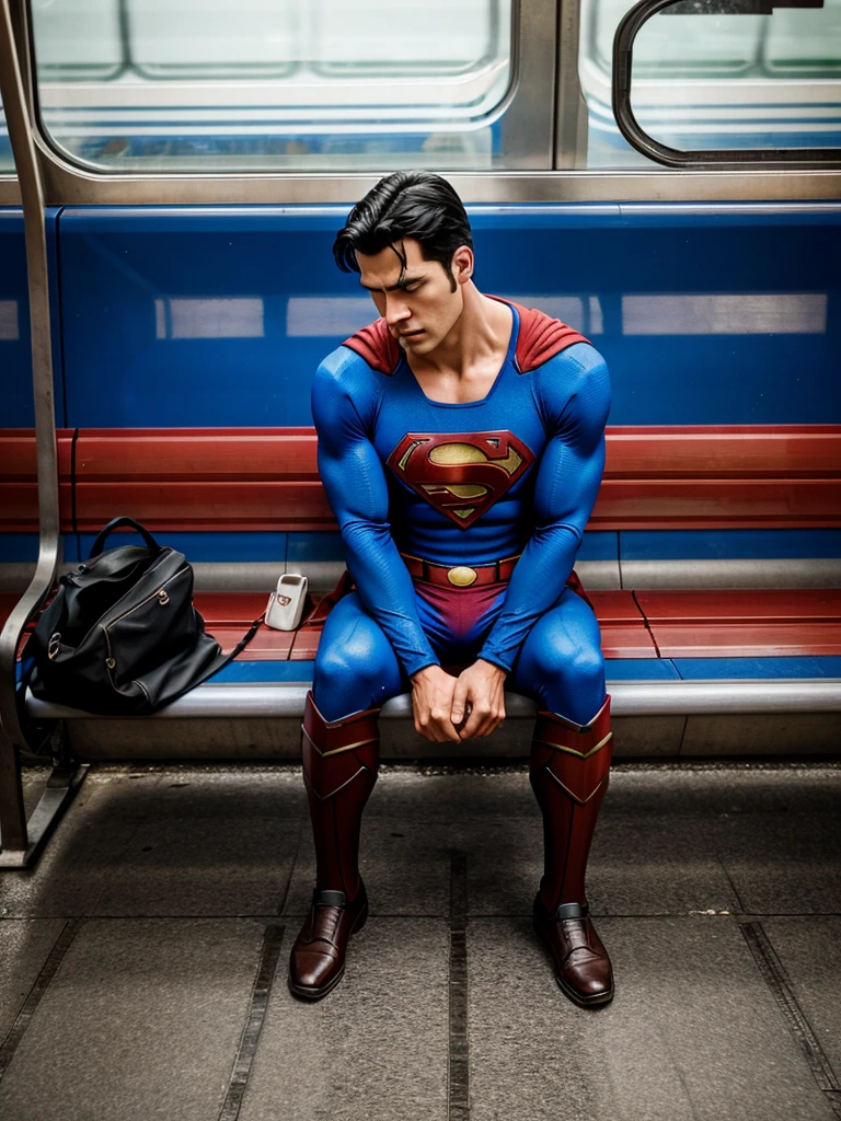 Superman was sad , railway station, mobile phone, headset ,alone ,sit in a bench train was going