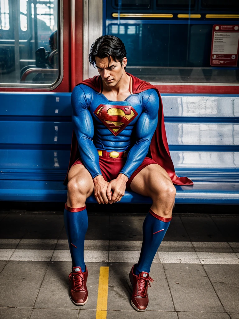 Superman was sad , railway station, mobile phone, headset ,alone ,sit in a bench train was going