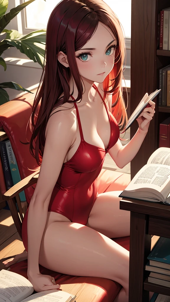  in red swimsuit, skin fair , greeneyes, on your knees, reading a book 