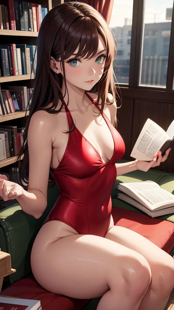  in red swimsuit, skin fair , greeneyes, on your knees, reading a book 