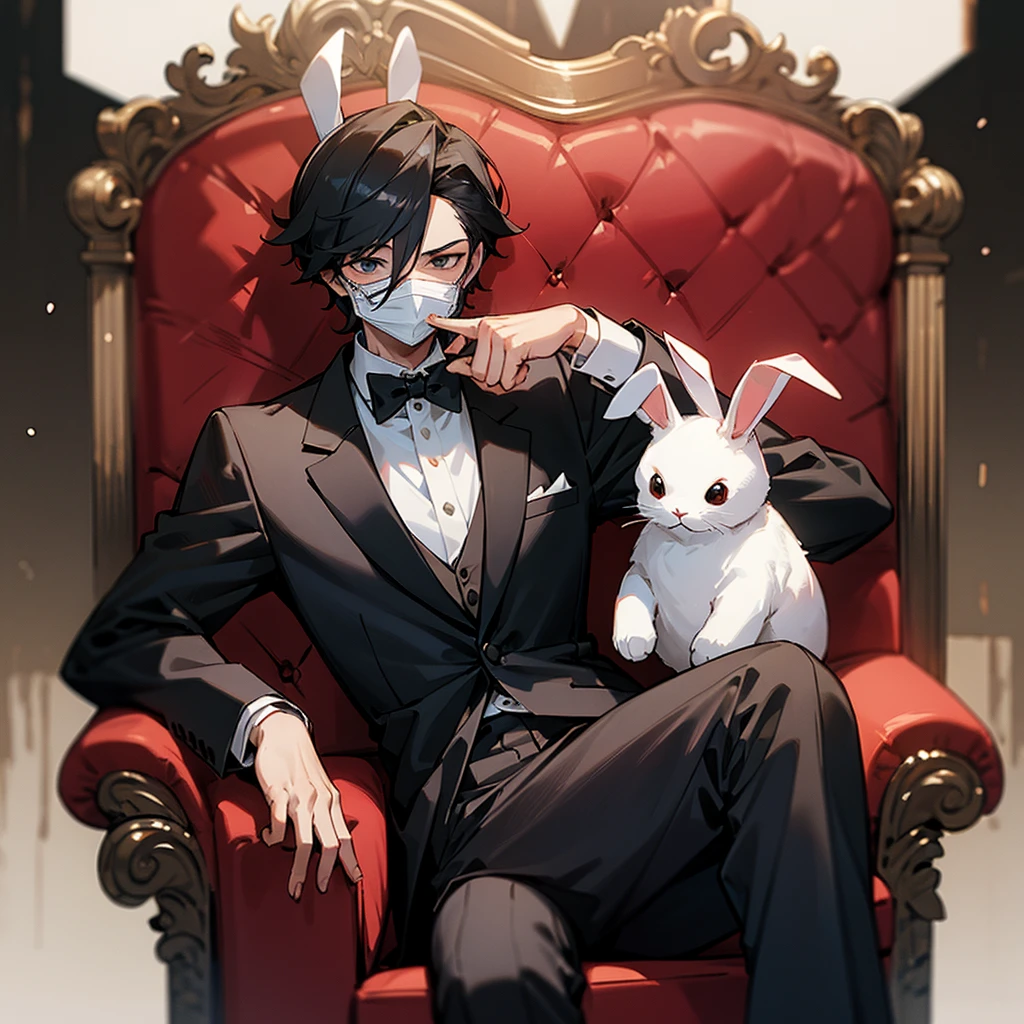 man with a bunny mask sitting in a throne, blood splatter, tuxedo