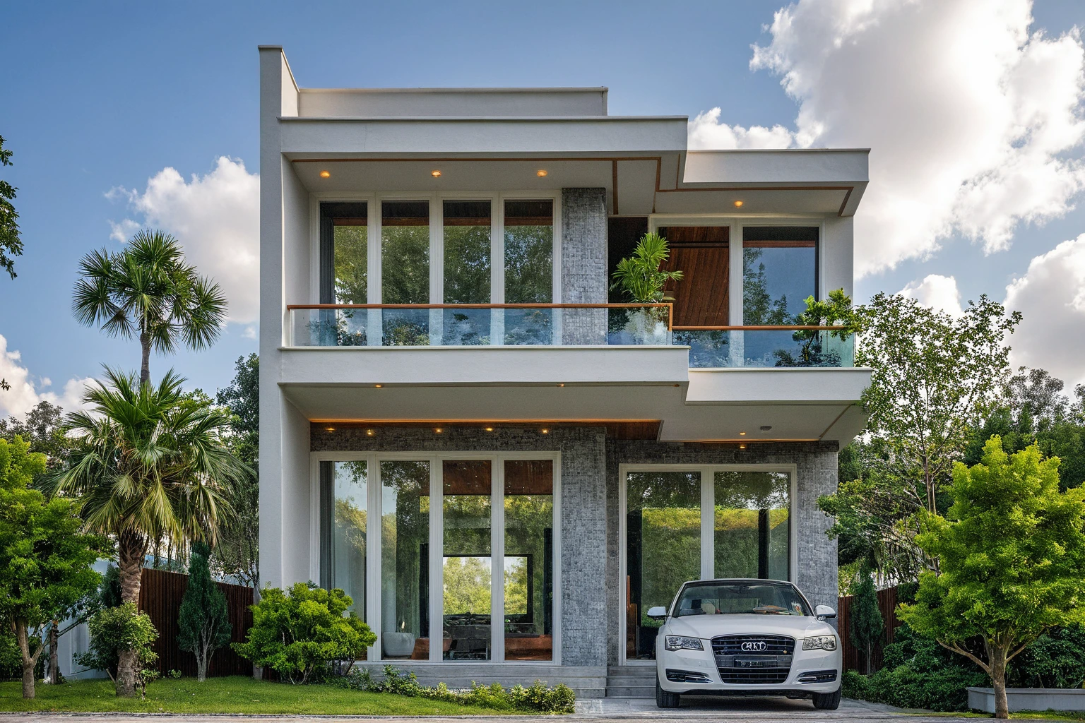 Masterpiece, high quality, best quality, authentic, super detail, outdoors, onestoreyvillaXL, aiaigroup, house style modern on the street ,stairs, white wall ,road,pavement, grass, trees, sky, cloud, (daylight:1.1)
