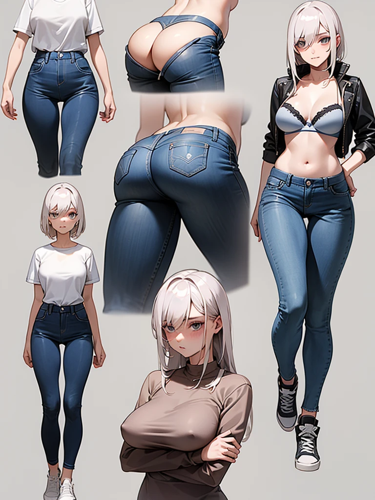 A 20 year old girl. Wearing bra and skin tight jeans, wearing lowest waist.
