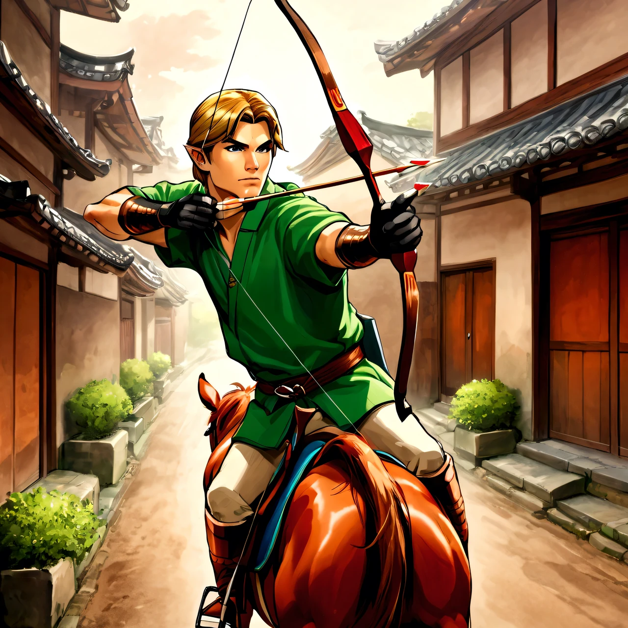 masterpiece, best quality, very aesthetic, absurdres, 
Archer, 1boy, link, zelda, green kimono, bow and arrow, leather gloves, (Perfect hands, perfect fingers), tense expression, 
(Horseback archery:1.3) Simple bow, Hold the bow, hold the arrow, draw the bow, (Riding a horse and shooting arrows with a bow), (Riding a horse), Horses on the streets of Edo, wide angle, Look at the tip of the arrow