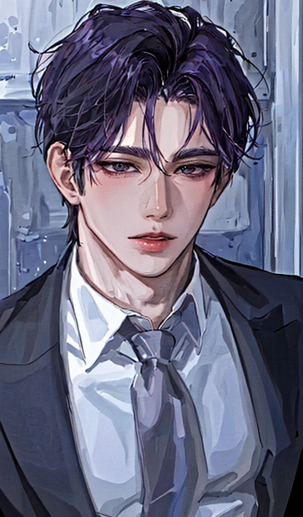 1 man, portrait, Beautiful handsome, alone, lips,  male focus, random color, looking at the viewer, short hair, black gentle expression, suit，purple hair
