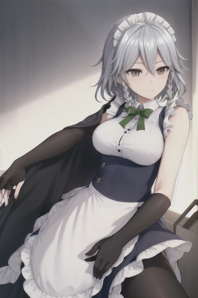 Sakuya Izayoi with black hair and brown eyes, looking elegant