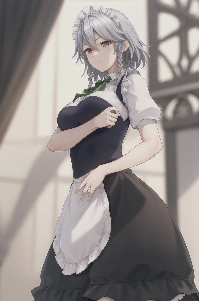 Sakuya Izayoi with black hair and brown eyes, looking elegant