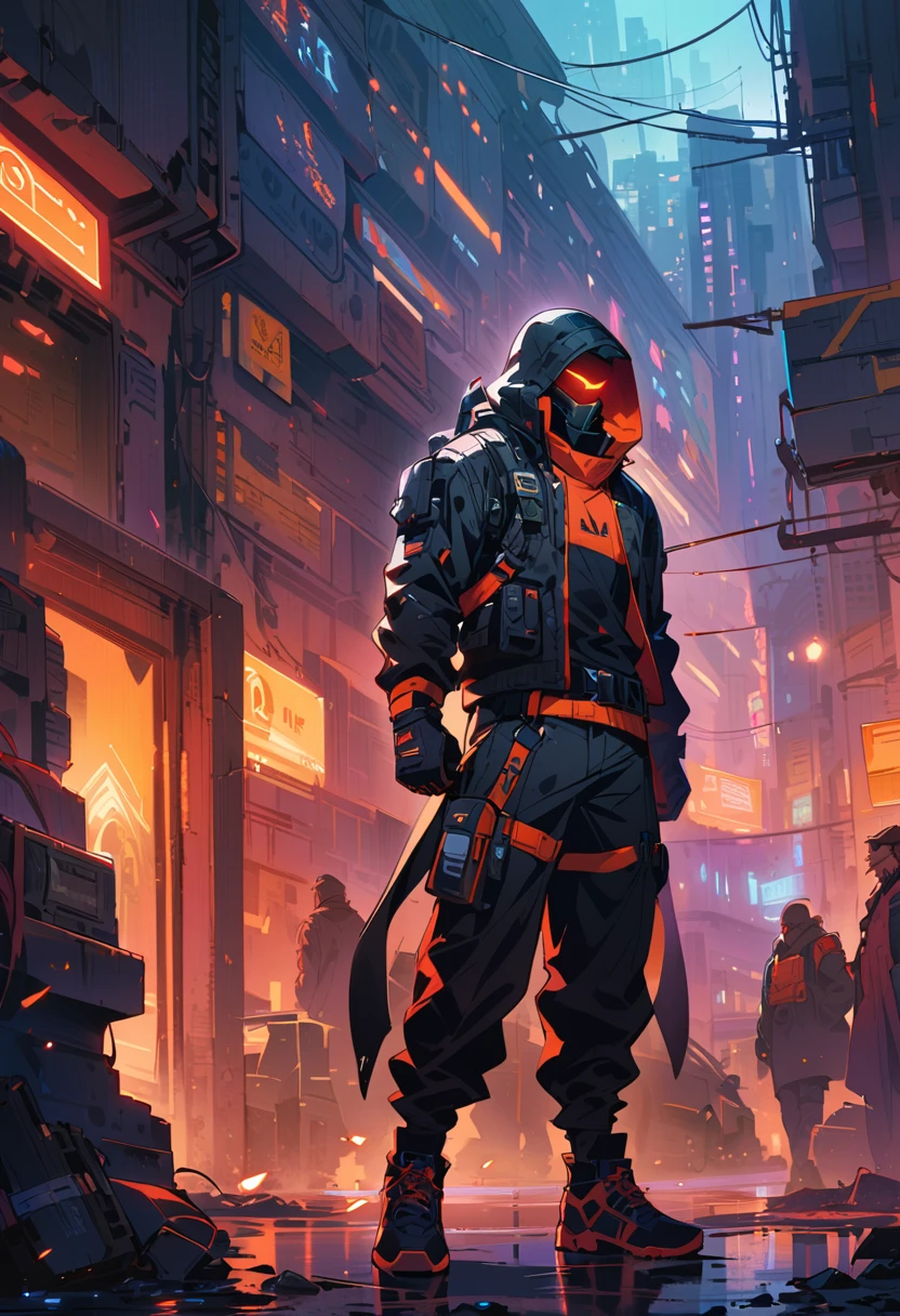 masterpiece, best quality, 1guy, futuristic pugilist, military gear, tech armor, guantlets, dystopian fantasy themepark, techwear/cyberpunk, urban fantasy, anime, no helmet, war-torn clothing