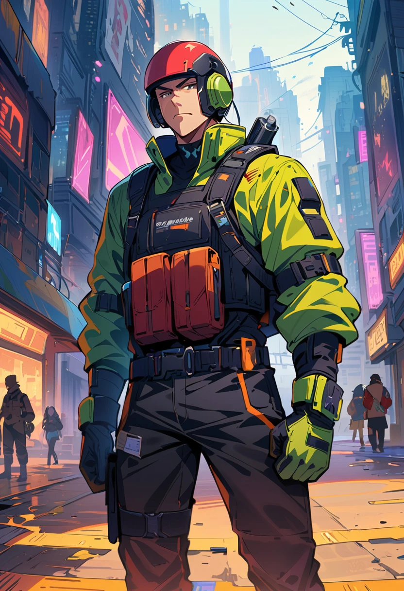 masterpiece, best quality, 1guy, futuristic pugilist, military gear, tech armor, guantlets, dystopian fantasy themepark, techwear/cyberpunk, urban fantasy, anime, no helmet, war-torn clothing