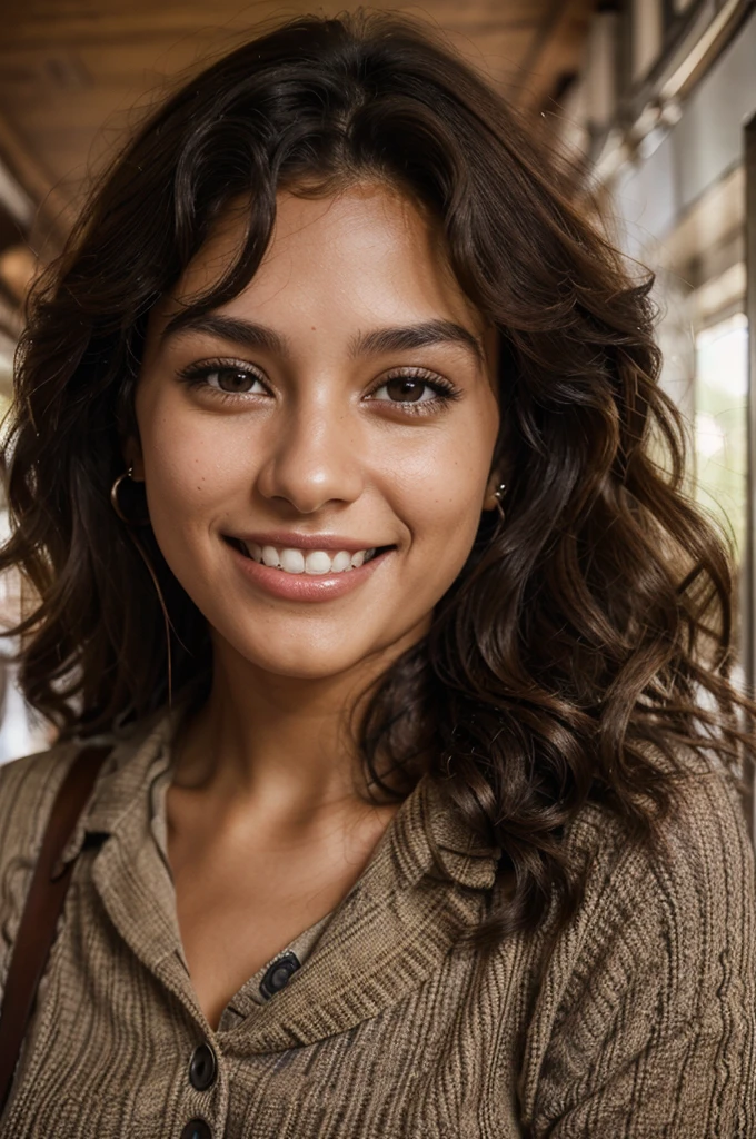 22-year-old woman, long dark brown curly hair, brown skin color, dark brown eyes, smiling, Travel clothes, Brazilian-Cornish, 8k, detailed eyes, detailed mouth, detailed teeth