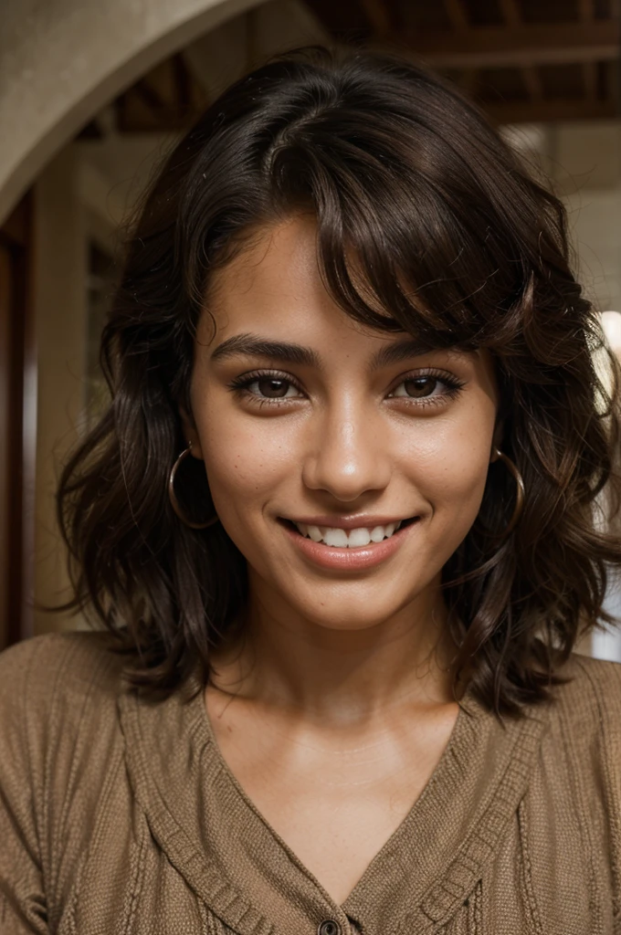 22-year-old woman, dark brown curly hair, brown skin color, dark brown eyes, smiling, Travel clothes, Brazilian-Cornish, 8k, detailed eyes, detailed mouth, detailed teeth