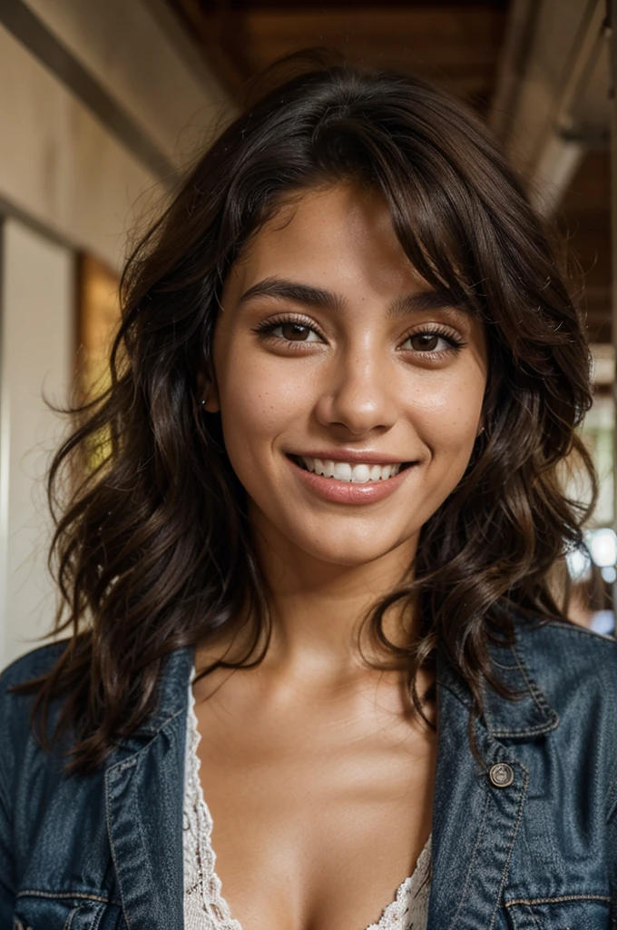 22-year-old woman, dark brown curly hair, brown skin color, dark brown eyes, smiling, Travel clothes, Brazilian-Cornish, 8k, detailed eyes, detailed mouth, detailed teeth