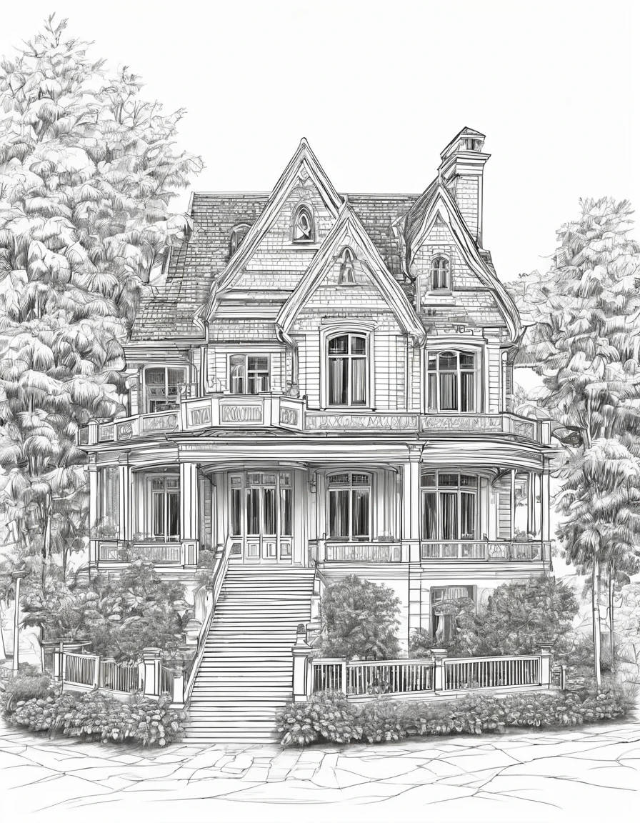 Large house with roof, white background, line drawing illustration