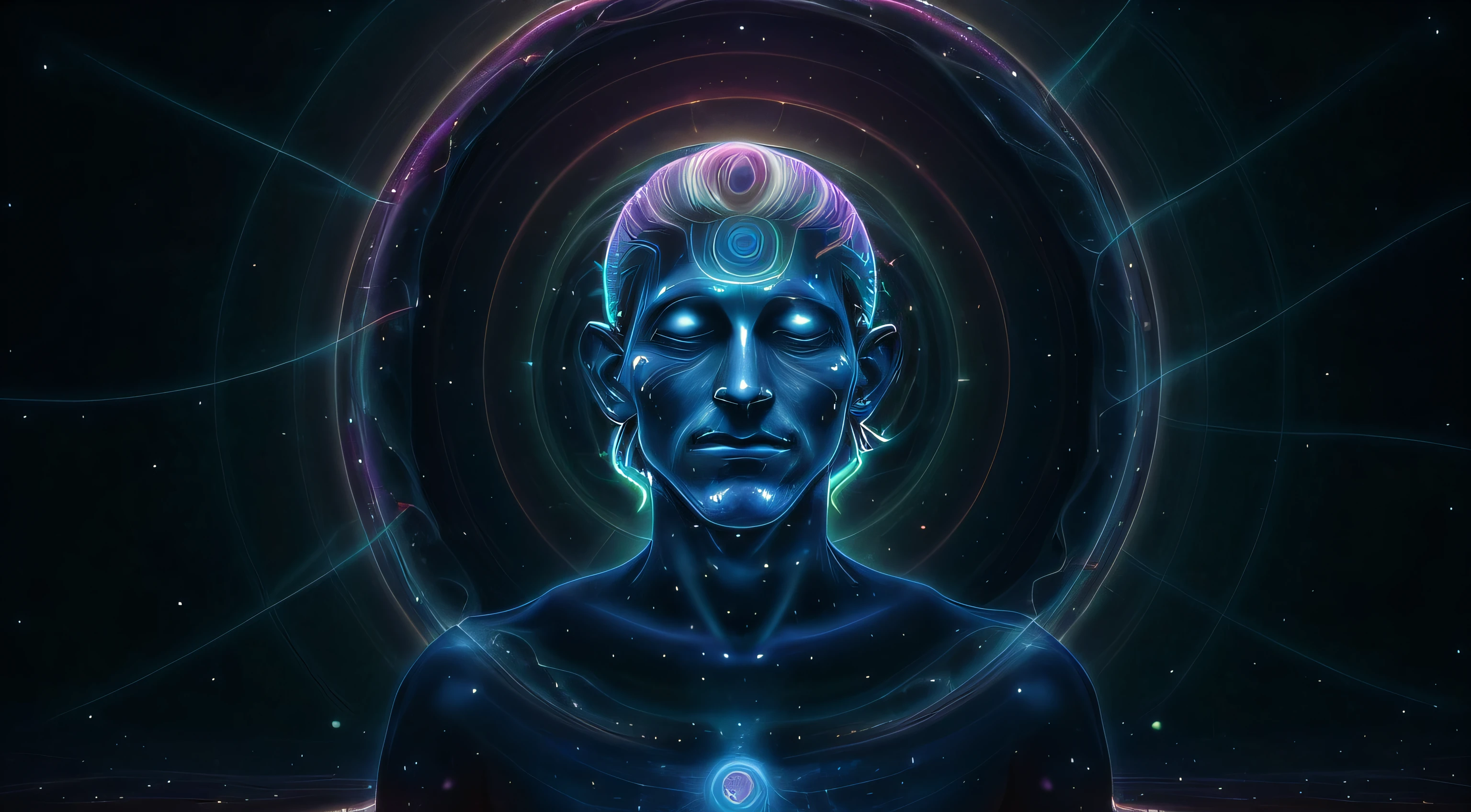 a man with a glowing head and a spiral in his hands, um ser interdimensional, Viagem Astral, astral appearance, cosmic illumination, Infinite Consciousness, no plano astral, consciousness projection, psychonaut universe, galactic dmt entity, emanating and flowing energy, dmt space behind, heightened awareness, dmt entity, Distributed consciousness, Astral projection