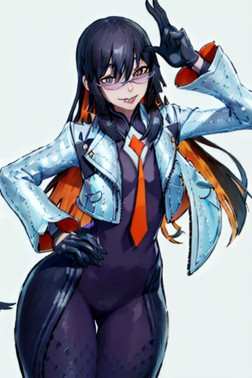 Daraku, Alone, 1girl, glasses, jacket, bodysuit, orange tie, long hair, gloves, smile, best quality, masterpiece