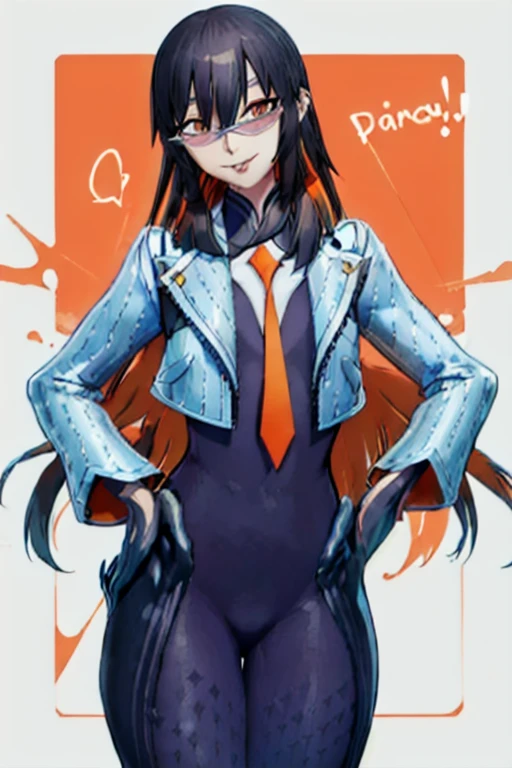 Daraku, Alone, 1girl, glasses, jacket, bodysuit, orange tie, long hair, gloves, smile, best quality, masterpiece 