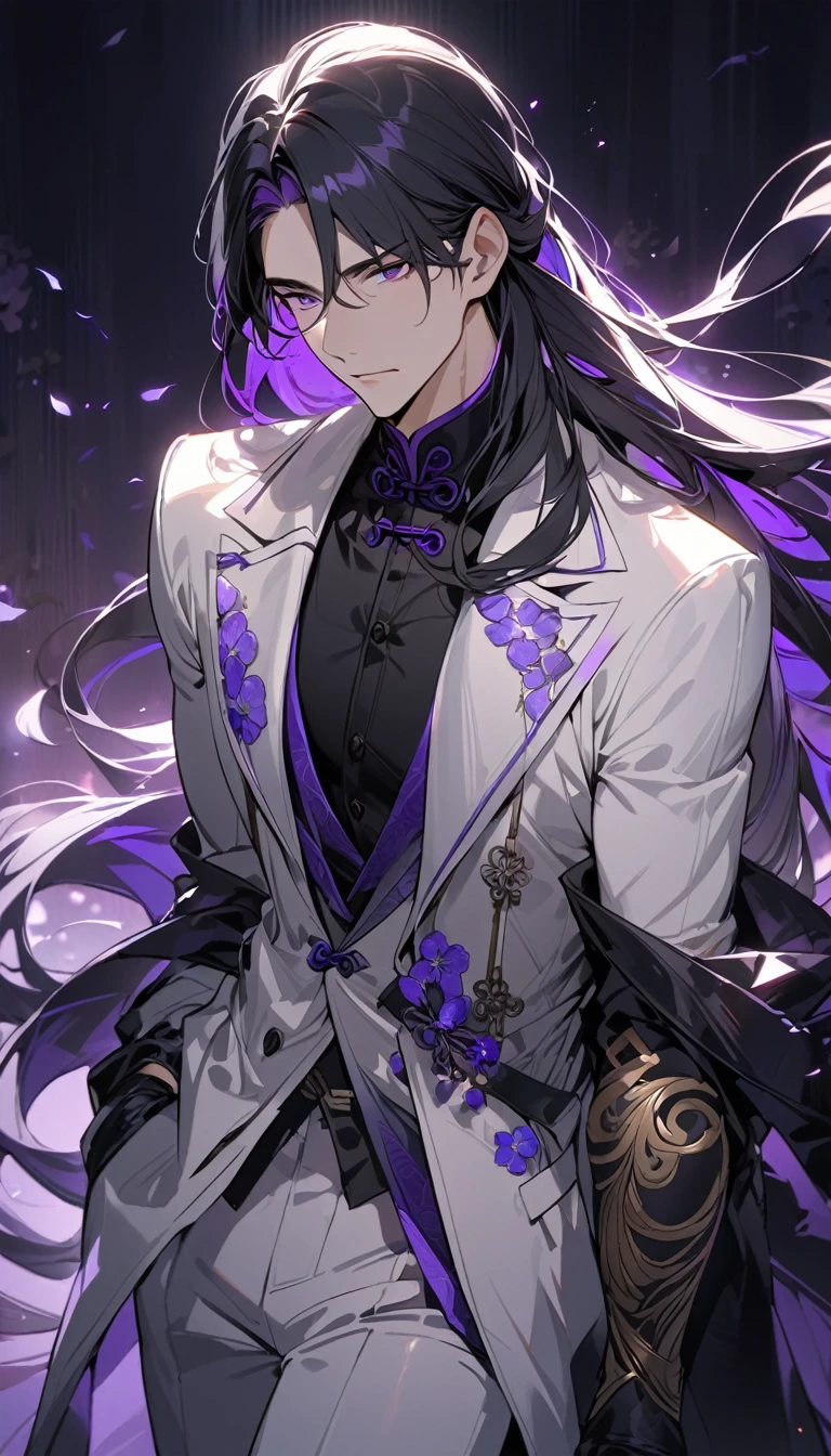 (masterpiece:1.5),best quality,(1 Handsome and calm man),alone,black hair,(long hair:1.5), (purple eyes), (cold and distant expression),perfect face,Fantasy Chinese style,Long black trench coat,Purple cloth,Complex clothing design with Chinese elements,Black leather gloves,white lining,White suit pants,Slightly muscular body,High,8K,Beautiful contrast of light and shadow,purple flower,Dark luxury background,(complete upper body),Positive face