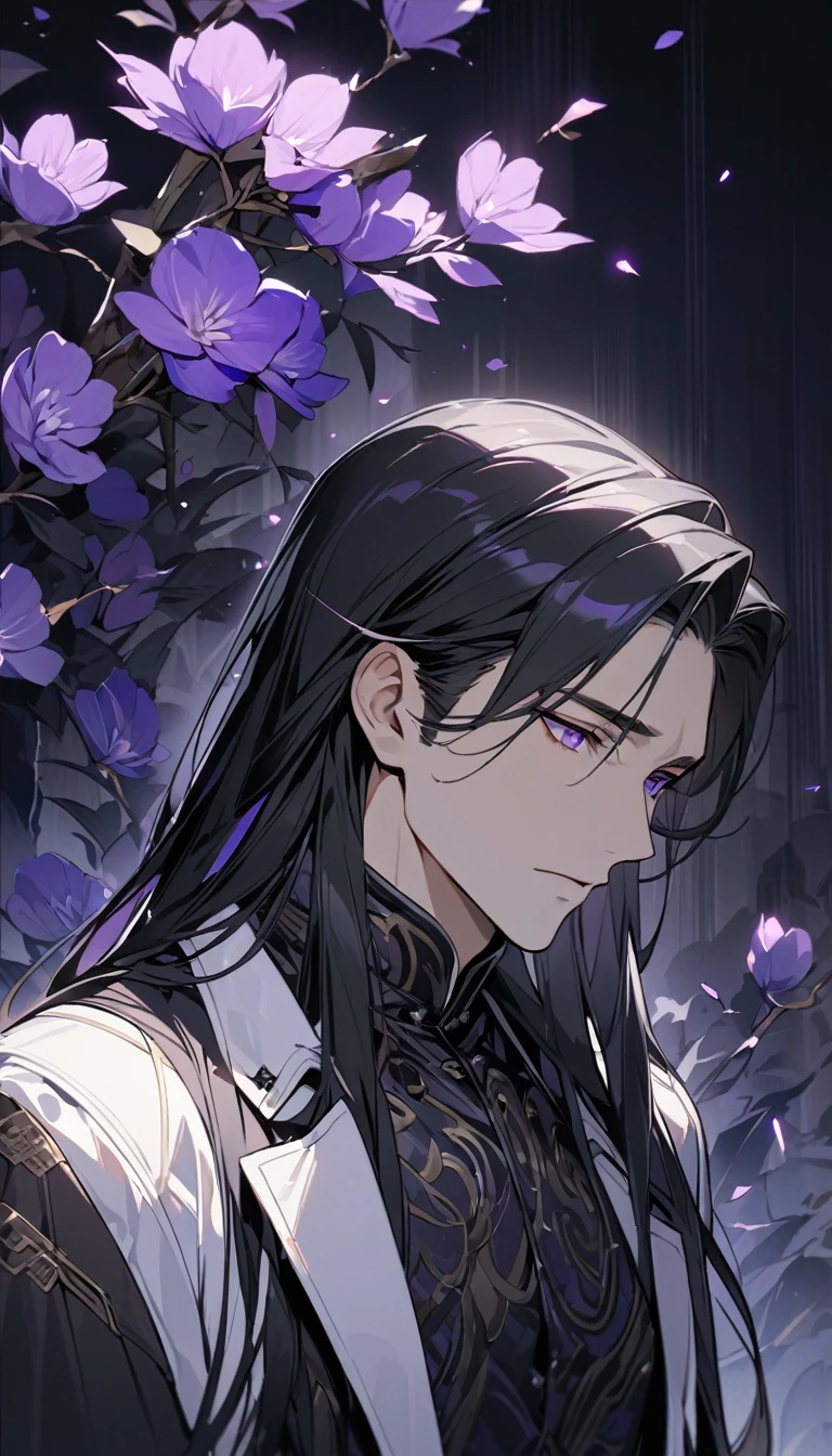 (masterpiece:1.5)，best quality，(1 Handsome and calm man)，alone，black hair，(long hair:1.5), (purple eyes), (cold and distant expression)，perfect face，Fantasy Chinese style，Long black trench coat，Purple cloth，Complex clothing design with Chinese elements，Black leather gloves，white lining，White suit pants，Slightly muscular body，High，8K，Beautiful contrast of light and shadow，purple flower，Dark luxury background，(complete upper body)，Positive face