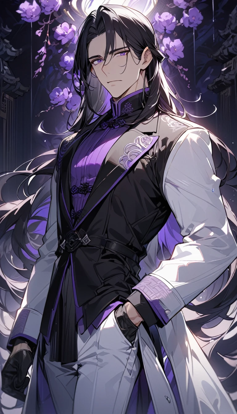 (masterpiece:1.5),best quality,(1 Handsome and calm man),alone,black hair,(long hair:1.5), (purple eyes), (cold and distant expression),perfect face,Fantasy Chinese style,Long black trench coat,Purple cloth,Complex clothing design with Chinese elements,Black leather gloves,white lining,White suit pants,Slightly muscular body,High,8K,Beautiful contrast of light and shadow,purple flower,Dark luxury background,(complete upper body),Positive face