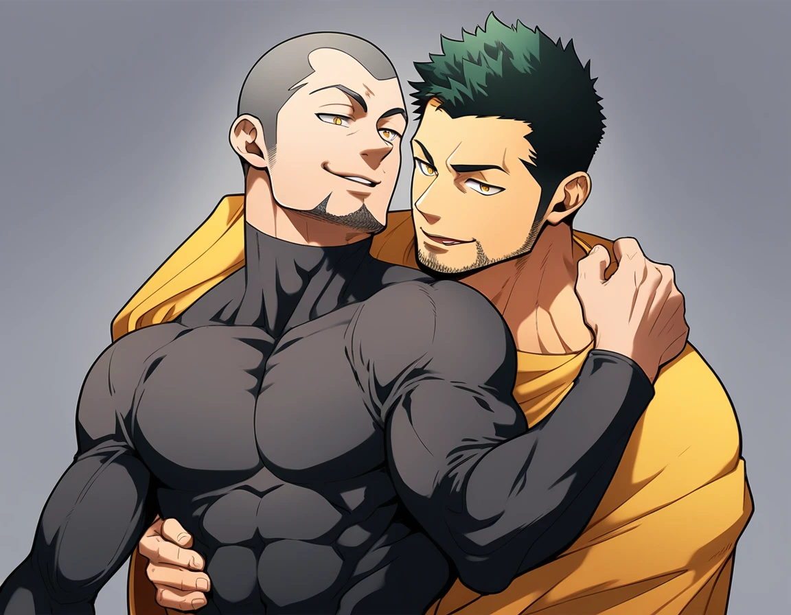 anime characters：Two superheroes in tights, Priapus and Muscle skinhead buddhist monk, negro black skin, They hugged and kissed each other, Bite your neck, Caress, Manliness, male focus, Yellow and black high collar long sleeve tight T-shirt, Slightly transparent material, Very tight, Round, full and perky chest muscles, Muscle waist, Slightly transparent, muscular male, muscular, only, Upper body, alone, Black short hair, Thick eyebrows, stubble, Yellow eyes, Grey background, simple background, amazing quality, best aesthetics, Ridiculous, bright pupils, crew cut, parted lips, seductive smile, torogao, naughty face, drop shadow, best quality