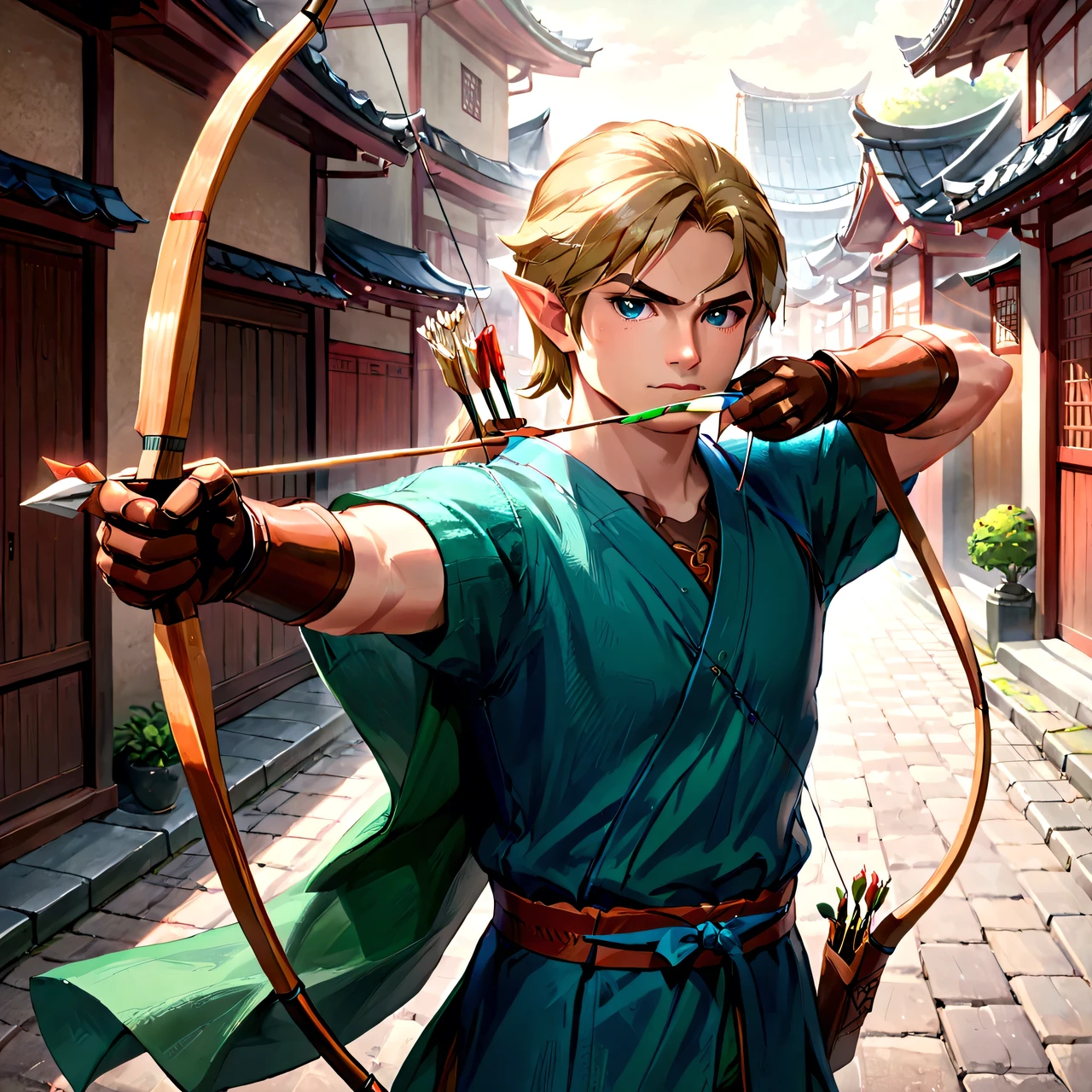 masterpiece, best quality, very aesthetic, absurdres, 
Archer, 1boy, link, zelda, green kimono, bow and arrow, leather gloves, (Perfect hands, perfect fingers), tense expression, 
(Horseback archery:1.3) Simple bow, Hold the bow, hold the arrow, draw the bow, (Riding a horse and shooting arrows with a bow), (Riding a horse), Horses on the streets of Edo, wide angle, Look at the tip of the arrow