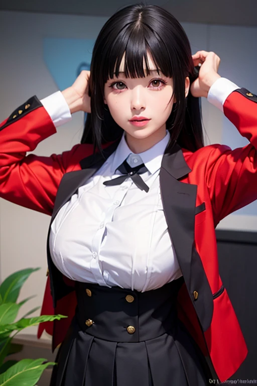 sit in tropical rainforest , steam , waistband of skirt is at the point above chest , Tight shirt , white Shirt , school girl , skirt under breasts , skirt is near breasts area , skirt is adjacent to the chest , jabami yumeko, black hair, long hair, blunt bangs , red jacket, shirt, black skirt , big breasts , pikkyyumeko pikkyyumeko, 1girl, solo, looking at viewer, black hair, bangs, blunt bangs, long hair, very long hair, hime cut, red eyes, glowing eyes, breasts, large breasts, , shirt, red jacket, jacket, white shirt, collared shirt, lips, blazer, black pantyhose, mary janes, full body,
