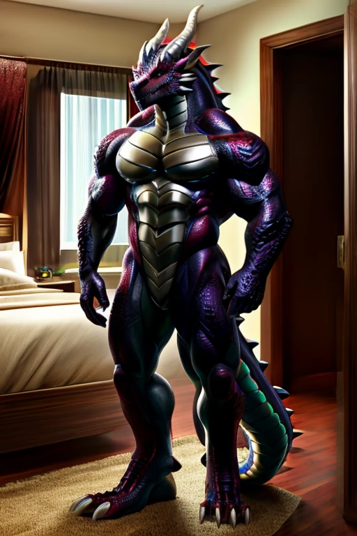 red dragon boy, furry, mascle, defined body, barebody, draconic rift, smooth and shiny scales, in the bedroom, standing, anatomical correct, アニメ