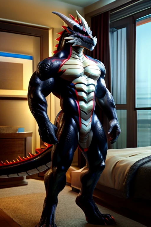 red dragon boy, furry, mascle, defined body, barebody, visible draconic rift (closed vagina)) , smooth and shiny scales, in the bedroom, standing, anatomical correct, アニメ