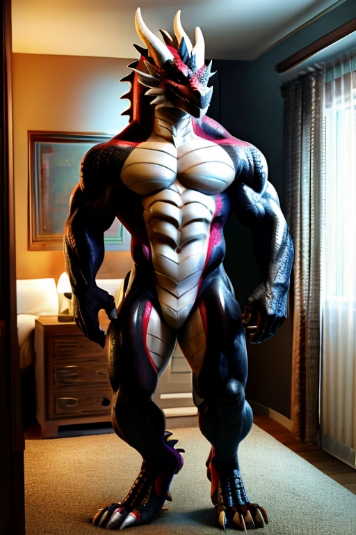red dragon boy, furry, mascle, defined body, barebody, draconic rift, smooth and shiny scales, in the bedroom, standing, anatomical correct, アニメ