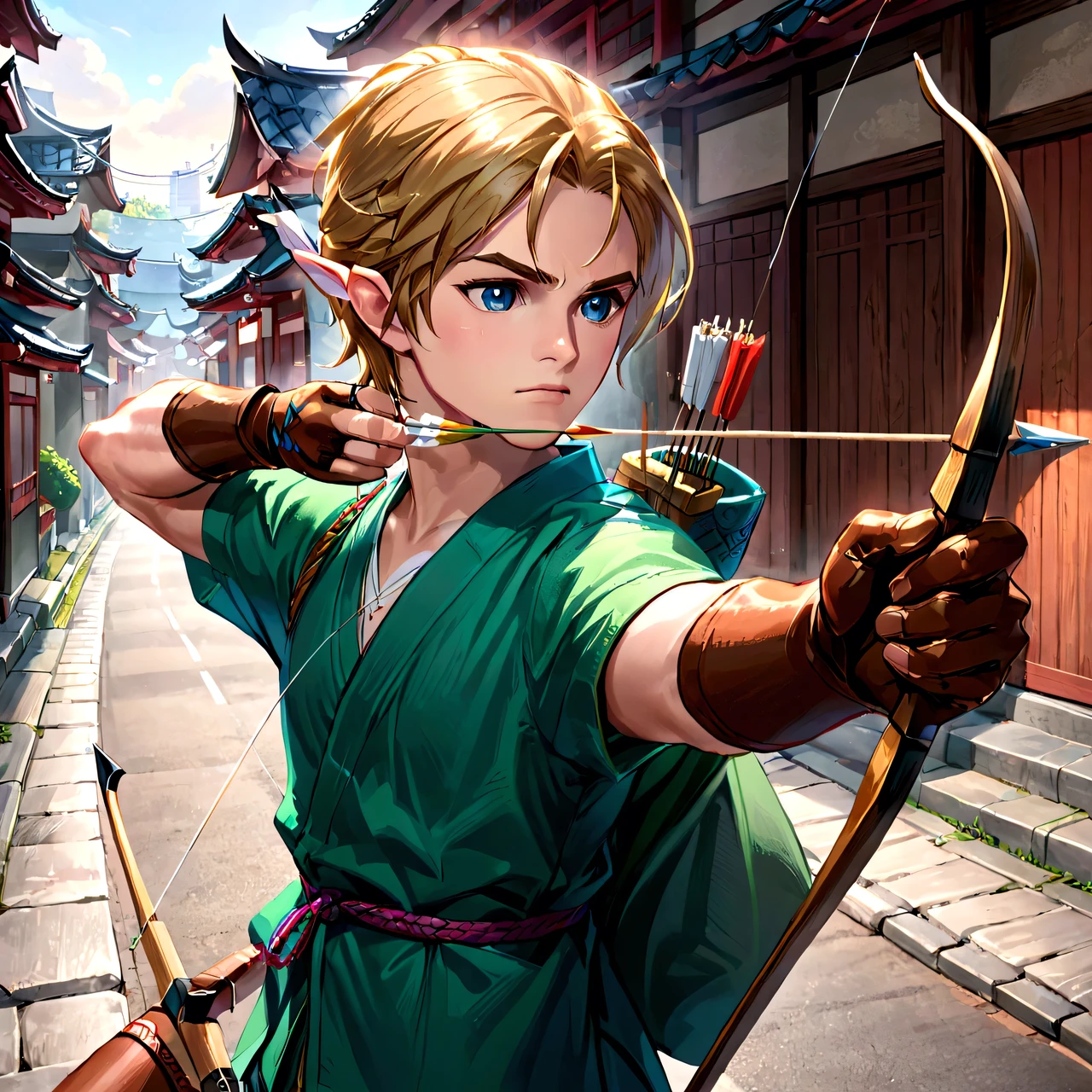 masterpiece, best quality, very aesthetic, absurdres, 
Archer, 1boy, link, zelda, green kimono, bow and arrow, leather gloves, (Perfect hands, perfect fingers), tense expression, 
(Horseback archery:1.3) Simple bow, Hold the bow, hold the arrow, draw the bow, (Riding a horse and shooting arrows with a bow), (Riding a horse), Horses on the streets of Edo, wide angle, Look at the tip of the arrow