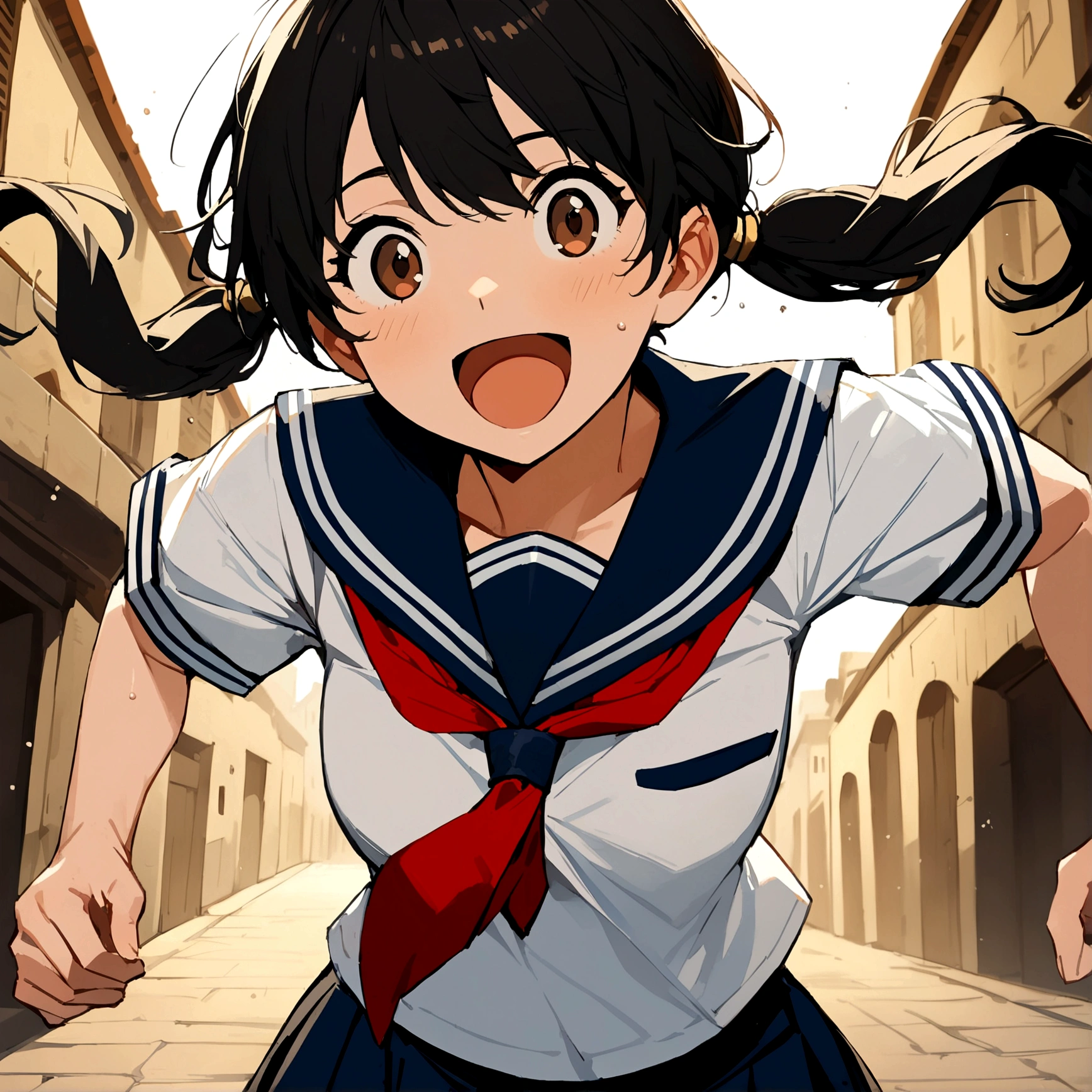 2d, masterpiece, best quality, anime, highly detailed, , solo, brown eyes, black hair, pig tails, looks happy while running, sailor uniform, neck tie, :d, outside