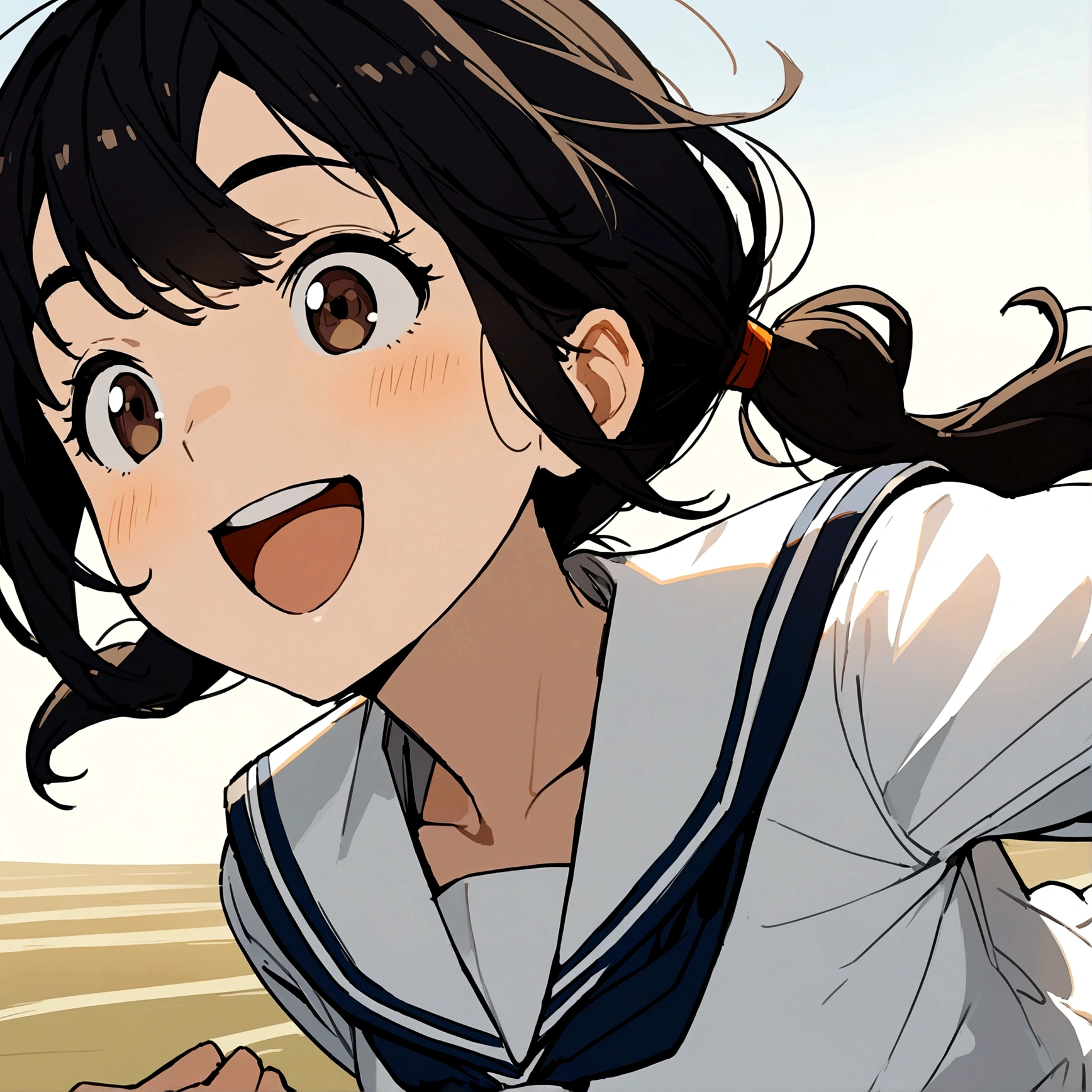 2d, masterpiece, best quality, anime, highly detailed, , solo, brown eyes, black hair, pig tails, looks happy while running, sailor uniform, neck tie, :d, outside