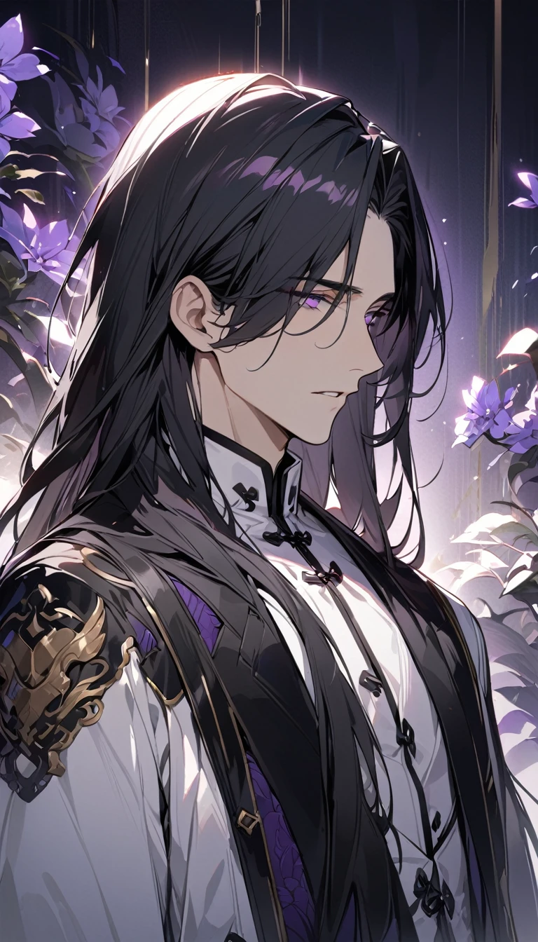 (masterpiece:1.5)，best quality，(1 Handsome and calm man)，alone，black hair，(long hair:1.5), (purple eyes), (cold and distant expression)，perfect face，Fantasy Chinese style，Long black trench coat，Purple cloth，Complex clothing design with Chinese elements，Black leather gloves，white lining，White suit pants，Slightly muscular body，High，8K，Beautiful contrast of light and shadow，purple flower，Dark luxury background，(complete upper body)，Positive face