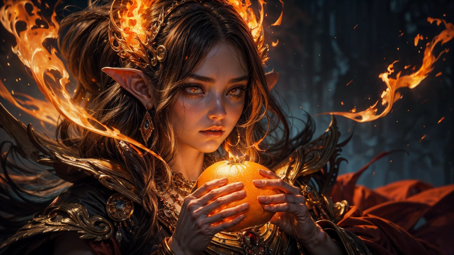 It is (realistic fantasy) el arte withtiene brasas, real flames, real heat, and realistic fire. Generate a masterpiece artwork of a  female fire druid with large (((orange and gold))) eyes. The fire druid is awe-inspiring with beautiful ((Realistic burning eyes)) alight with withfidence and power. His features are elegant and well defined.., with ((Soft and swollen lips)), elven bone structure, and realistic shading. ((Extremely realistic details, Macro details, and shine.)) She wears a billowing, shimmering dress made of realistic flames and jewels that sparkle in the firelight... Wisps of fire and smoke border the dress&#39;s intricate bodice.. Include bumps, stones, burning iridescence, glowing embers, silk &amp; satin &amp; leather, an interesting background, and heavy fantasy elements. camera: Use dynamic compositing techniques to enhance realistic flames., long blond hair