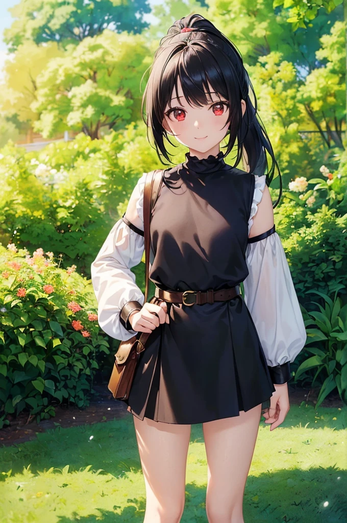 (masterpiece; best quality: 1.2), (finely detailed eyes: 1.3), ((10 year old female ???)), ((solo)), (red eyes: 1.4), (body; short, slender, small breasts: 1.3), (black hair in ponytail: 1.3), (beautiful and clear background: 1.2), ((depth of field)), (clothes: wanderer mage attire + white-and-gold wide-sleeve high-neck shirt + long black skirt + belts + traveler pouches and satchel: 1.3), (anime illustration: 1.2), (background; garden exterior: 1.1), (extremely fine and beautiful: 1.1), (shot composition; standing + centered on torso + close-up: 1.5), (expression; calm, smile: 1.2)
