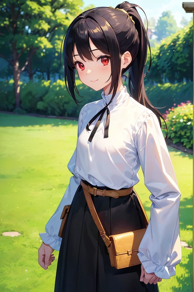 (masterpiece; best quality: 1.2), (finely detailed eyes: 1.3), ((10 year old female kid)), ((solo)), (red eyes: 1.4), (body; short, slender, small breasts: 1.3), (black hair in ponytail: 1.3), (beautiful and clear background: 1.2), ((depth of field)), (clothes: wanderer mage attire + white-and-gold wide-sleeve high-neck shirt + long black skirt + belts + traveler pouches and satchel: 1.3), (anime illustration: 1.2), (background; garden exterior: 1.1), (extremely fine and beautiful: 1.1), (shot composition; standing + centered on torso + close-up: 1.5), (expression; calm, smile: 1.2)