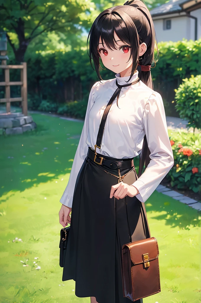 (masterpiece; best quality: 1.2), (finely detailed eyes: 1.3), ((10 year old female kid)), ((solo)), (red eyes: 1.4), (body; short, slender, small breasts: 1.3), (black hair in ponytail: 1.3), (beautiful and clear background: 1.2), ((depth of field)), (clothes: wanderer mage attire + white-and-gold wide-sleeve high-neck shirt + long black skirt + belts + traveler pouches and satchel: 1.3), (anime illustration: 1.2), (background; garden exterior: 1.1), (extremely fine and beautiful: 1.1), (shot composition; standing + centered on torso + close-up: 1.5), (expression; calm, smile: 1.2)