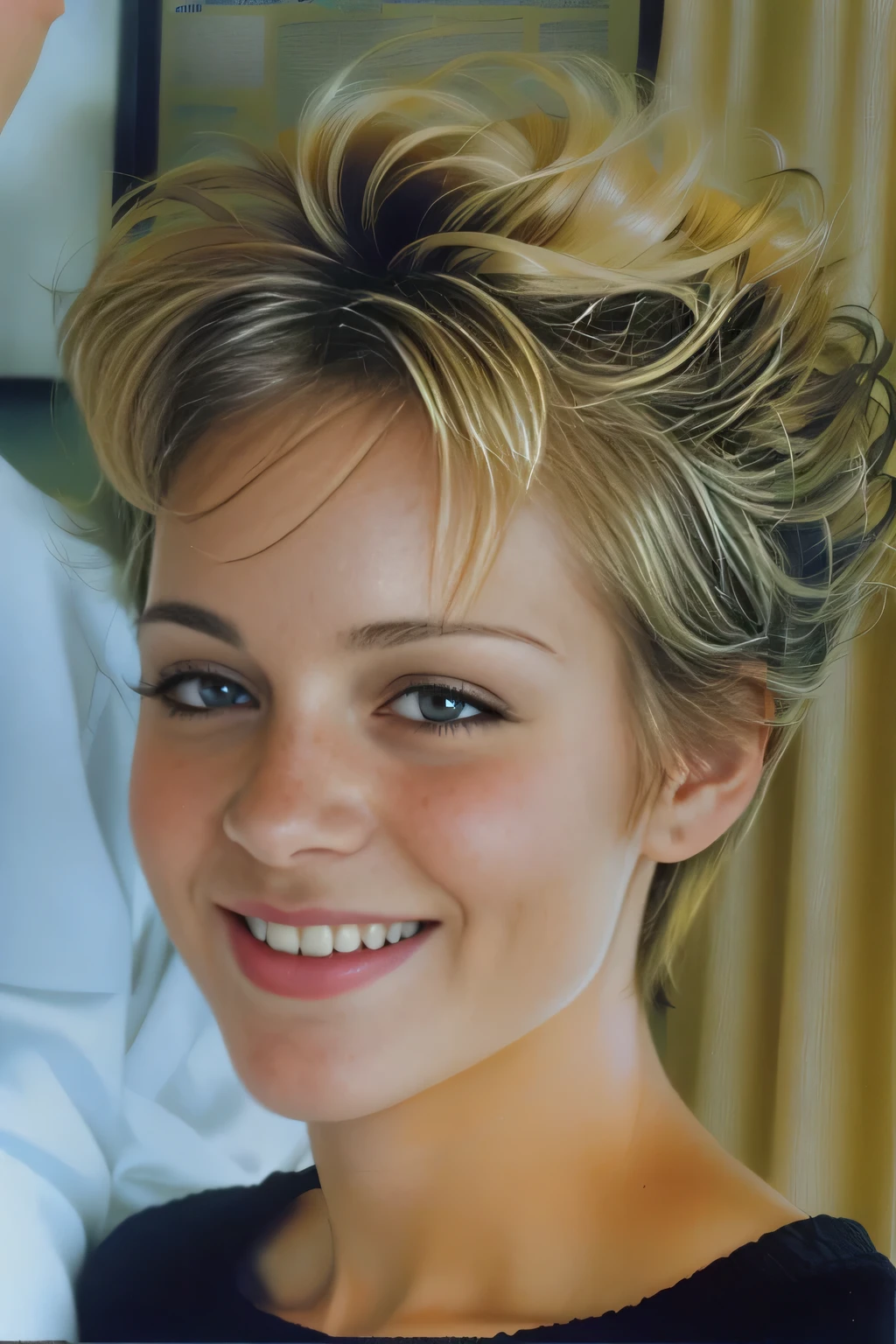 blond woman with short hair smiling at camera with man in background, 2 0 0 0's photo, taken in the mid 2000s, karen vikke, 2000s photo, taken in 1 9 9 7, taken in the late 2000s, taken in the 2000s, about 2 5 .  Perfecteyes eyes