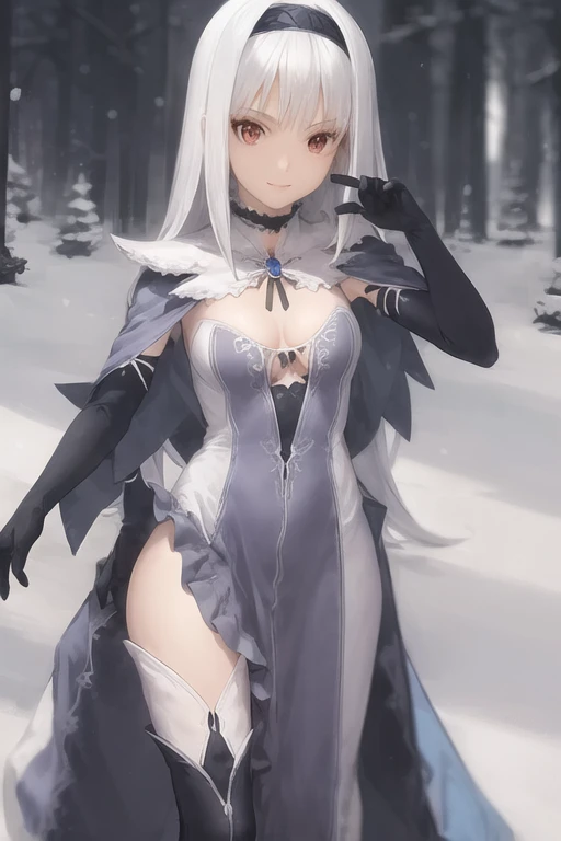 1girl, aira, blanc neige, smile, galdinius hairband, black elbow gloves, blue dress cleavage, frilled choker, long black cape, black thighhighs frills, blue gemstone, park, snow, best quality, masterpiece, looking at viewers