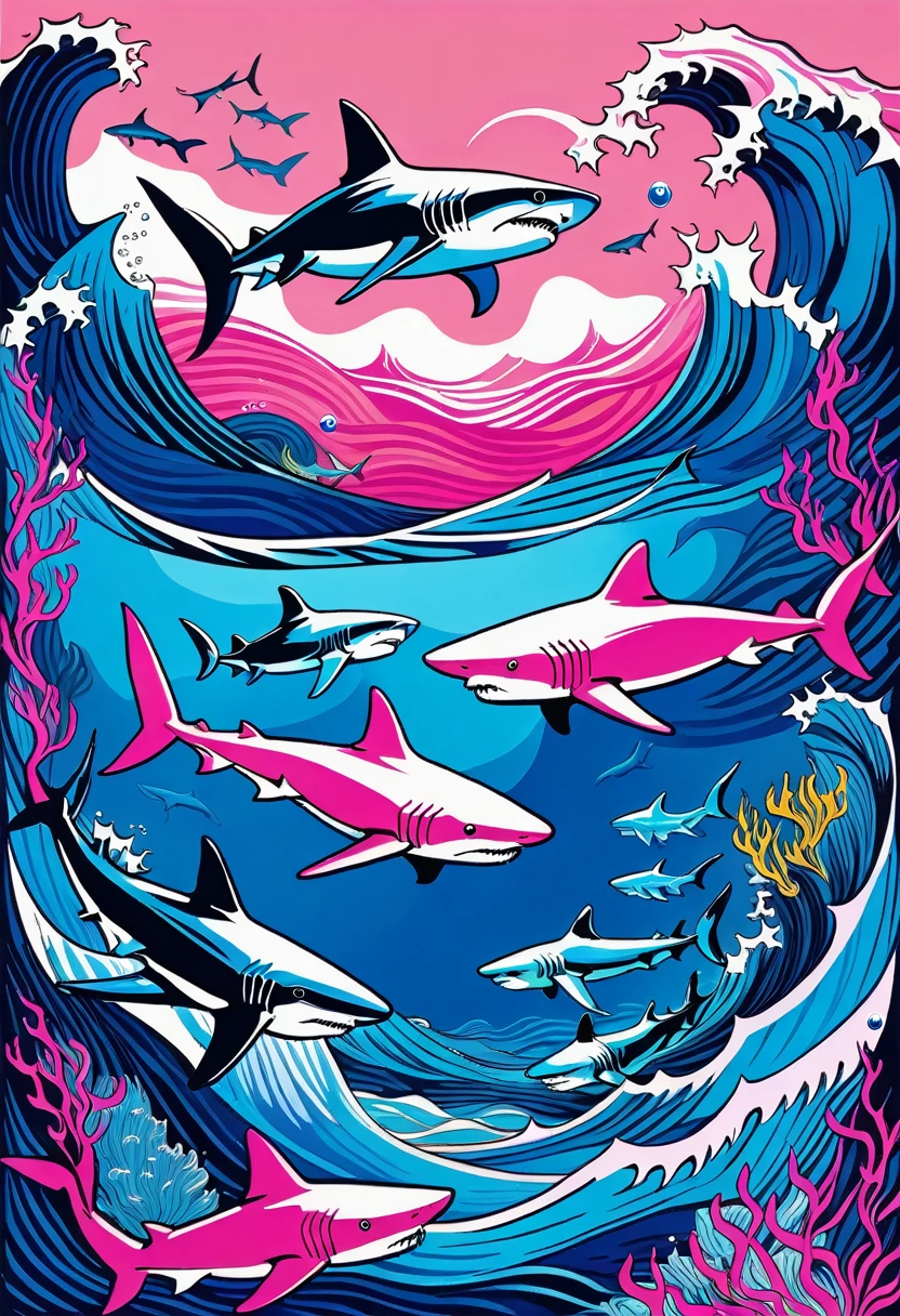 Deep blue fantasy landscape, Van Gogh style, Lots of fierce sharks,Underwater swimming effect, Clear focus, Pink background,
