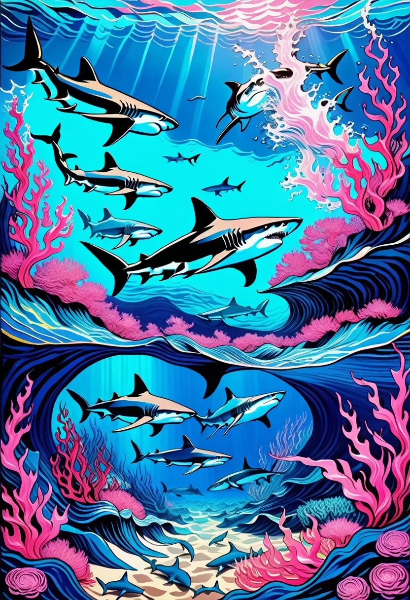 Deep blue fantasy landscape, Van Gogh style, Lots of fierce sharks,Underwater swimming effect, Clear focus, Pink background,