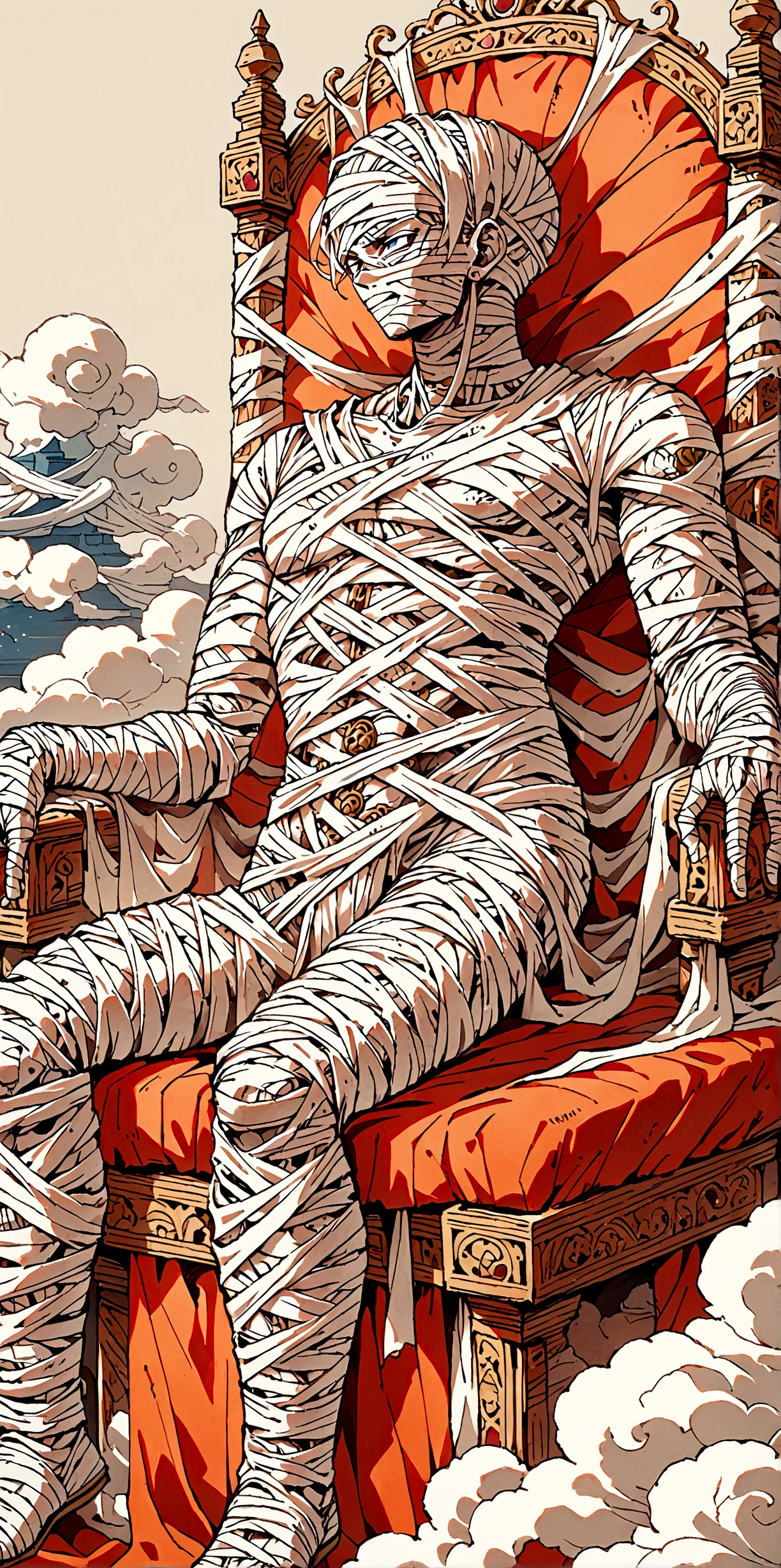 Male Mummy sitting on throne made of clouds 