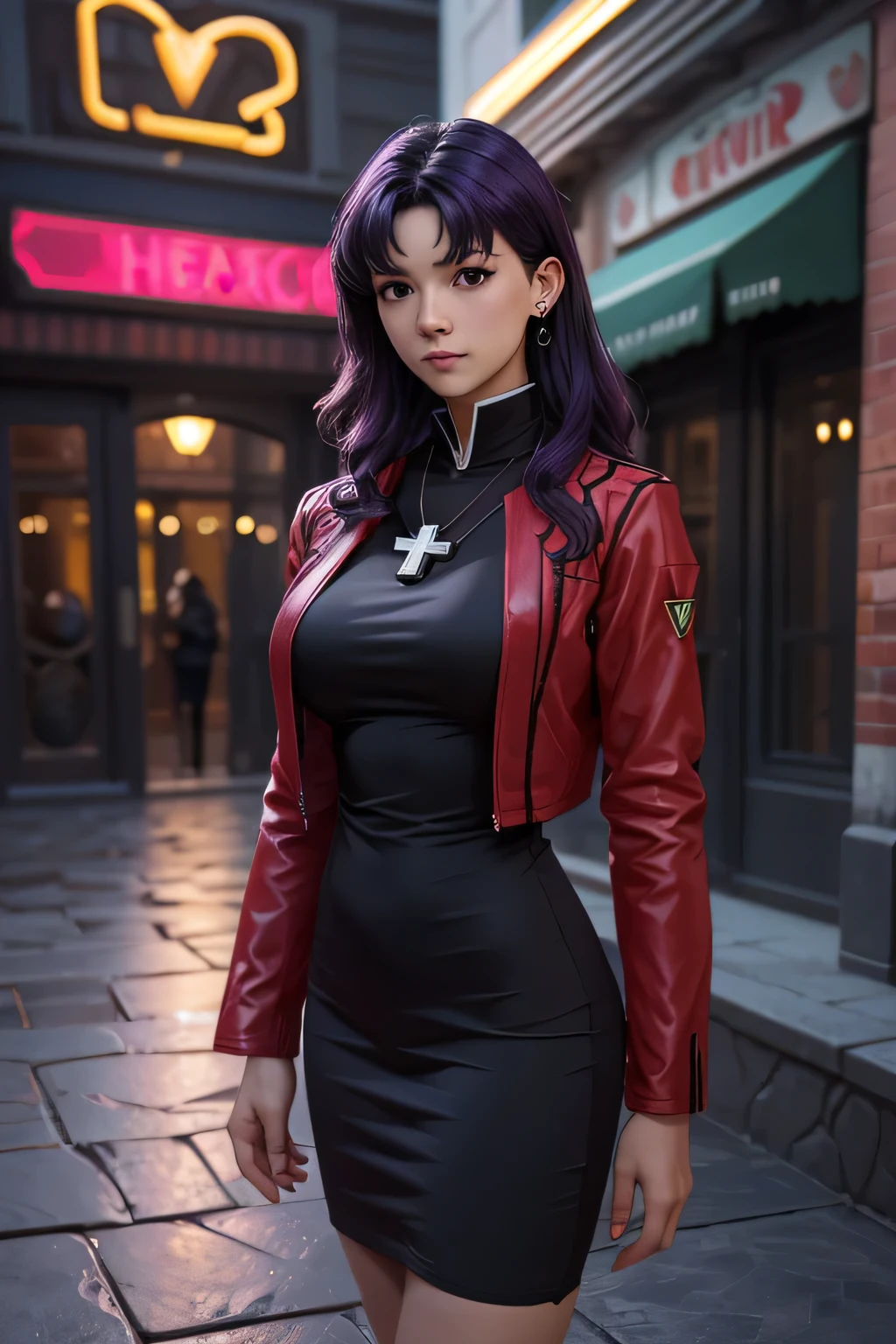 (ultra realistic,32k, masterpiece:1.2),(high detailed skin:1.1),( 8k uhd, dslr, high quality:1.1),
 misato, black eyes, parted bangs,black-Purple hair,  long hair, earrings, cross necklace, red jacket, long sleeves, black dress, , (huge breast:1.1), 
(looking at viewer, standing, from below:1.1),,
,(neon light:1.1),courtyard, ornate fountain, cobblestone paths, tranquil