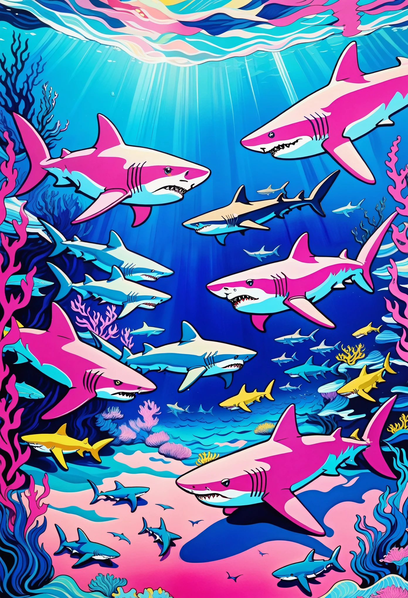 Deep blue fantasy landscape, Van Gogh style, Many cartoon sharks,Underwater swimming effect, Clear focus, Pink background,