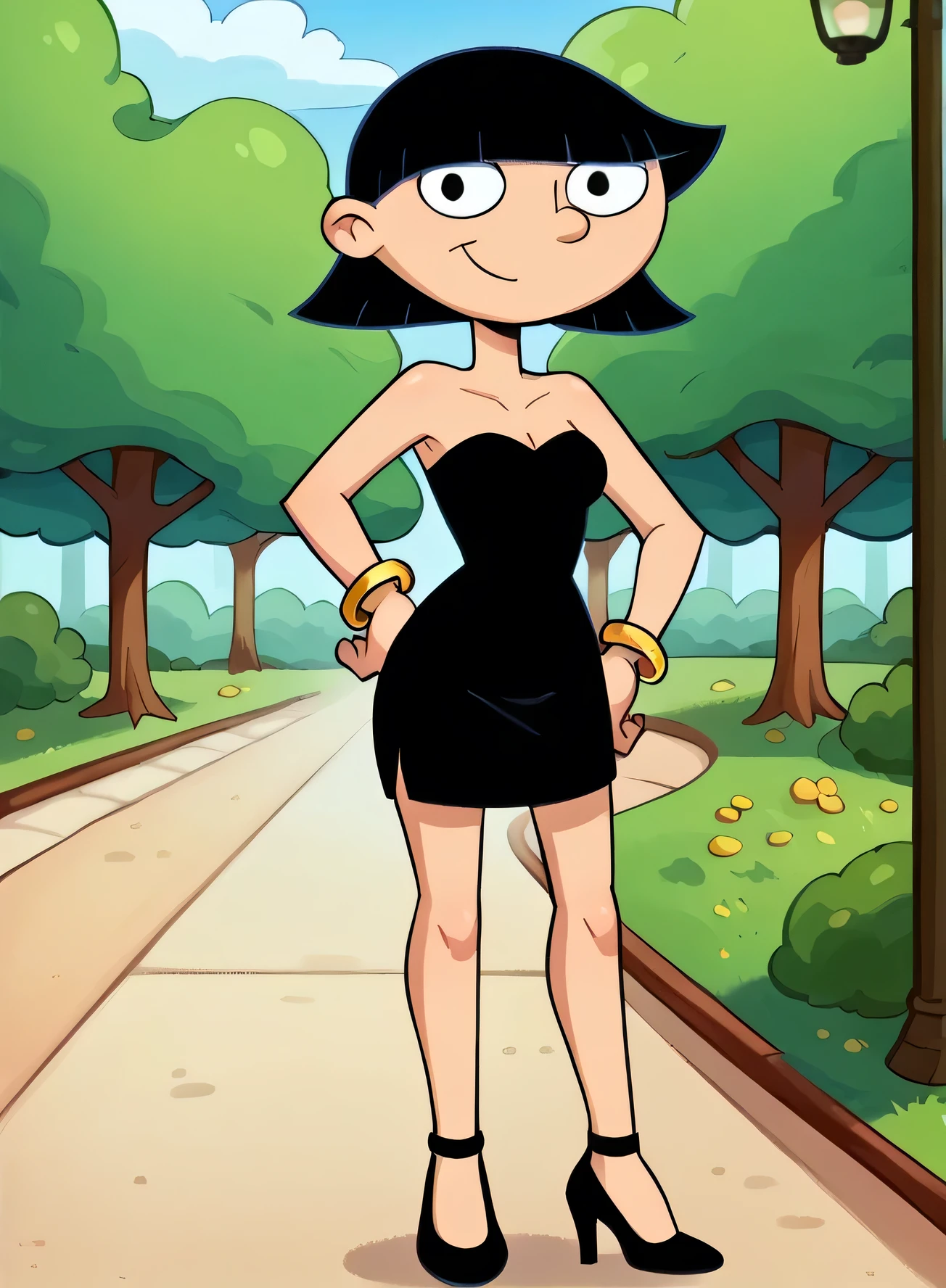 score_9_up,score_8_up,score_7_up,score_6_up,score_5_up,score_4_up BREAK rhonda, black hair, black eyes, bob cut, blunt bangs, small breast, strapless, black sweetheart dress, black pencil skirt, gold bracelet, black high heels, left hand on own hip, park, right arm at side, indoor bedroom, smile, cowboy shot, looking at viewer,
