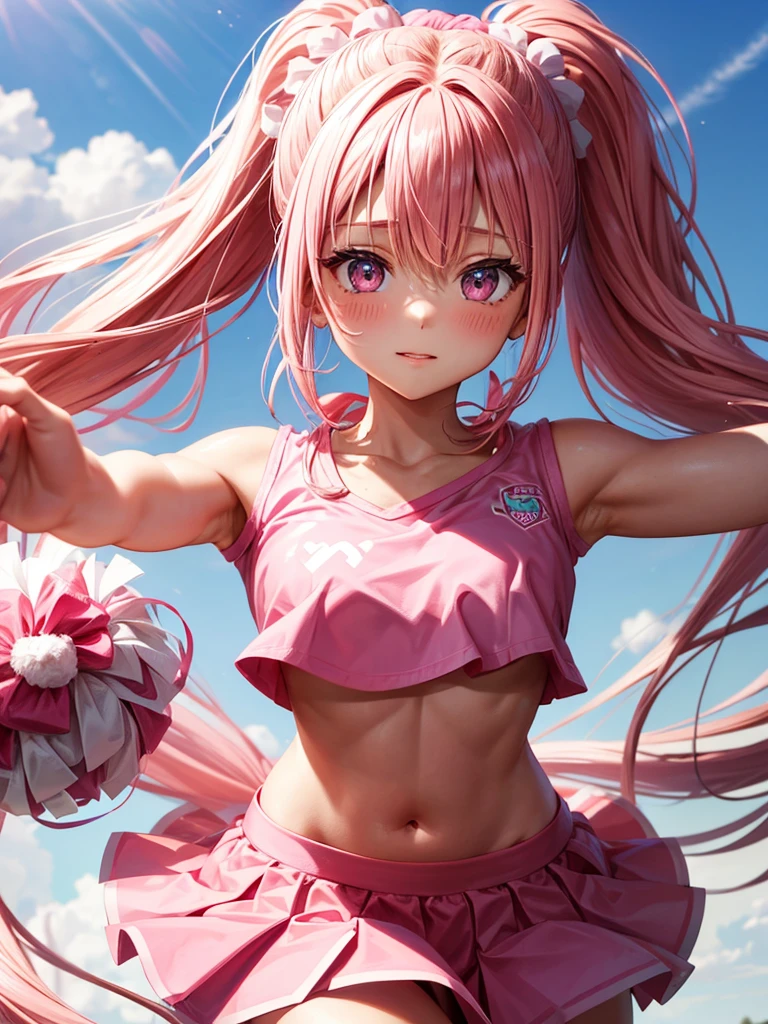 Pink long pony tail pink flowy bow pink heart eyes wearing pink cheerleader outfit with pink pom pom