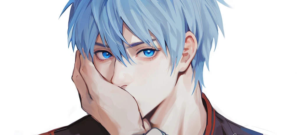 A portrait of a young man，Blue Hair，Blue Eyes，Touch your face，Fine light and shadow，Good-looking facial features，Best quality，Right side lighting